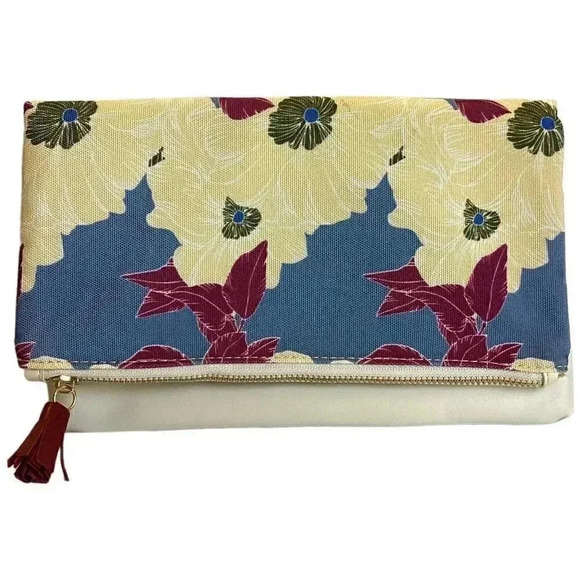 Rachel Pally Clutch Bag Ivory Blue In Bloom Floral Zip Top Fold Over Reversible - Picture 1 of 7